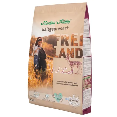 Sac de croquettes Markus Mühle kaltgepresst FREILAND Wild, texte visible : mit Damwild, Kürbis und Schwarzen Johannisbeeren, ICE pressed, 12 kg. Illustration d’un cerf.