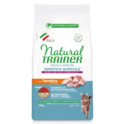 Natural Trainer Appetito Difficile con Tacchino, per gatti adulti e sterilizzati, 1,5 kg. Favorisce un tratto urinario sano, sapore intenso, ingredienti naturali. Preparato in Italia.