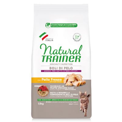 Natural Trainer Boli di Pelo pour chats, 1,5 kg, con Pollo Fresco. Favorise un tractus urinaire sain, aide à réduire la formation de boules de poils. Ingrédients d’origine naturelle.