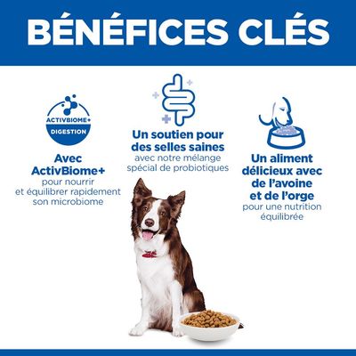Avec ActivBiome+ pour un microbiome équilibré, soutien de la digestion saine grâce aux probiotiques, aliment à l'avoine et à l'orge pour une alimentation équilibrée.