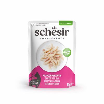 Schesir Complements dla dorosłych kotów, oryginalna receptura z filetem z kurczaka w galarecie. Opakowanie: 6x70g, razem 420g. 100% naturalne filety, +nawodnienie.