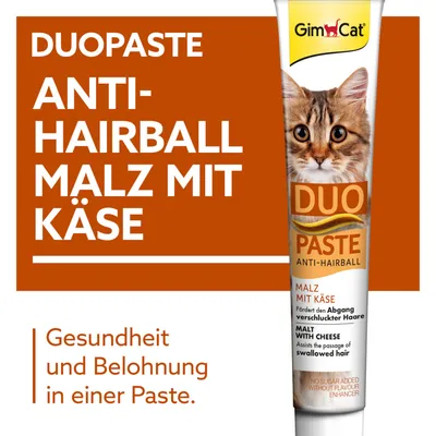 GimCat Duopaste Anti-Hairball Malz mit Käse. Fördert den Abgang verschluckter Haare. Gesundheit und Belohnung in einer Paste. Ohne Zuckerzusatz, ohne Geschmacksverstärker.