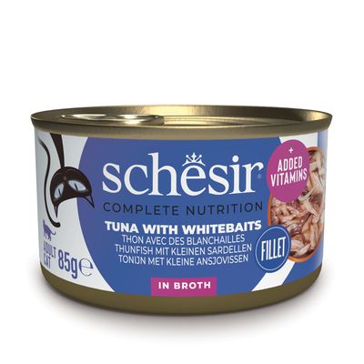 Schesir Complete Nutrition, filetti di tonno in brodo, 6x85g, filetti 100% naturali, con vitamine aggiunte. Per gatti adulti.