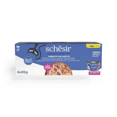 Schesir Complete Nutrition thon avec des blanchaillettes, 6 x 85 g, filets naturels 100 %, ajout de vitamines, pour chat adulte. Texte en anglais et autres langues sur l’emballage.