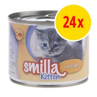 Smilla Kitten mit Kalb, burk med kattmotiv och texten 'mit Taurin', gul cirkel med röd text '24x' uppe till höger. Synlig metallburk.