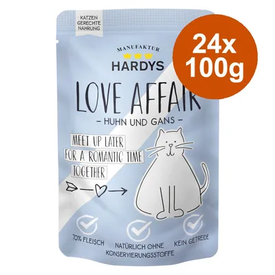 Hardys Love Affair Huhn und Gans, 24x100g. 70% Fleisch, natürlich ohne Konservierungsstoffe, kein Getreide. Texte en anglais et allemand visibles sur l’emballage.