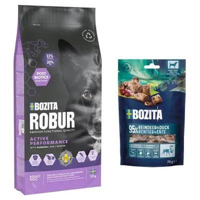 Bozita Robur 7,5kg / 12kg + Bozita Meaty Bites, sob a kachna 2 x 70g zdarma - Adult Active Performance, Reindeer, 12 kg