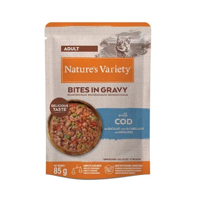 Nature's Variety Bites v omáčke s treskou, pre dospelé mačky. Čistá hmotnosť: 85g. Vyrobené z prírodných surovín, kompletné a vyvážené.