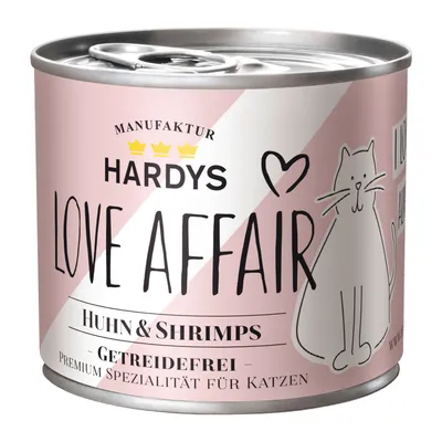 Hardys Love Affair Huhn & Shrimps, getreidefrei, Premium Spezialität für Katzen. Manufaktur-Produkt mit rosa Verpackung und Katzenillustration.