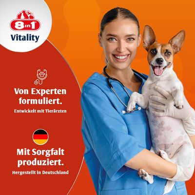 8in1 Vitality. Von Experten formuliert, entwickelt mit Tierärzten. Mit Sorgfalt produziert, hergestellt in Deutschland.
