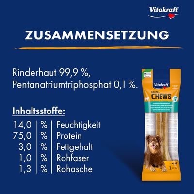 Vitakraft Dental Chews Zusammensetzung: Rinderhaut 99,9 %, Pentanatriumtriphosphat 0,1 %. Inhaltsstoffe: Feuchtigkeit 14 %, Protein 75 %, Fettgehalt 3 %, Rohfaser 1 %, Rohasche 1,3 %.