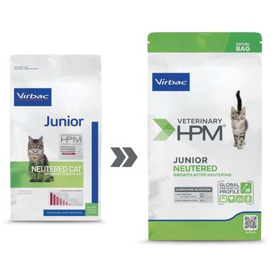 Deux sachets de croquettes Virbac Veterinary HPM Junior Neutered pour chat, ancien et nouveau design d’emballage, avec texte en anglais visible sur les deux paquets.