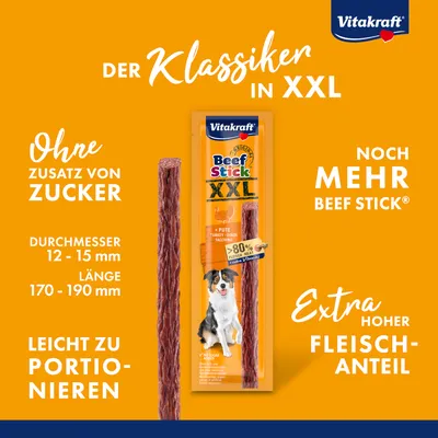 Vitakraft Beef Stick XXL mit Pute, ohne Zuckerzusatz, Durchmesser 12-15 mm, Länge 170-190 mm, extra hoher Fleischanteil, leicht zu portionieren.
