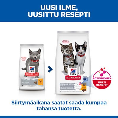 Hill's Science Plan Sterilised Kitten Kana, vanha ja uusi pakkausdesign vertailussa, huomio ActivBiome+ Multi Benefit.