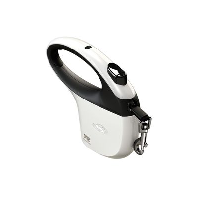 Flexi One dog lead in white and black with ergonomic handle and metal snap hook.