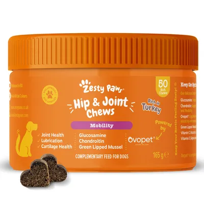 Zesty Paws Hip & Joint Chews Mobility, 50 mehkih priboljškov, bogatih s puranom, z glukozaminom, hondroitinom, zelenousto školjko, Ovopetom, 165 g. Dopolnilna hrana za pse.