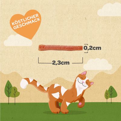 Abbildung eines Snacks mit köstlichem Geschmack, Länge 2,3 cm und Breite 0,2 cm. Illustration einer Katze im Hintergrund.