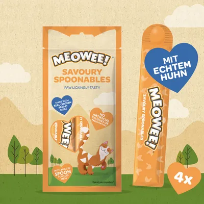 Meowee! Savoury Spoonables mit echtem Huhn, ohne künstliche Farbstoffe oder Konservierungsstoffe. Verpackung zeigt 4 Portionen und eingebauten Löffel für weniger Unordnung. Meowee! Savoury Spoonables mit echtem Huhn, ohne künstliche Farbstoffe oder Konservierungsstoffe. Verpackung zeigt 4 Portionen und eingebauten Löffel für weniger Unordnung.