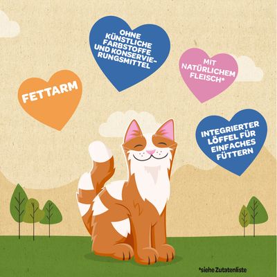 Fettarm, ohne künstliche Farbstoffe und Konservierungsmittel, mit natürlichem Fleisch*, integrierter Löffel für einfaches Füttern. *siehe Zutatenliste.