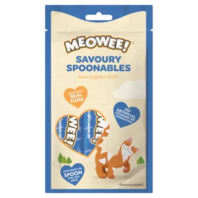 Meowee! Savoury Spoonables s pravým tuňákem, bez umělých barviv a konzervantů. Integrovaná lžička pro méně nepořádku. Vyrobeno z přírodních surovin.