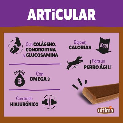 Ultima Articular: con colágeno, condroitina y glucosamina, bajo en calorías, omega 3, ácido hialurónico. ¡Para un perro ágil! Imagen de snack marrón rectangular.
