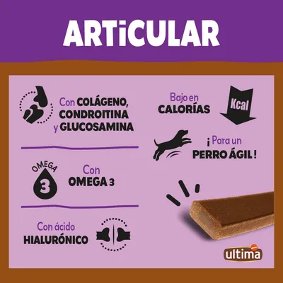 Ultima Articular: con colágeno, condroitina y glucosamina, bajo en calorías, omega 3, ácido hialurónico. ¡Para un perro ágil! Imagen de snack marrón rectangular.