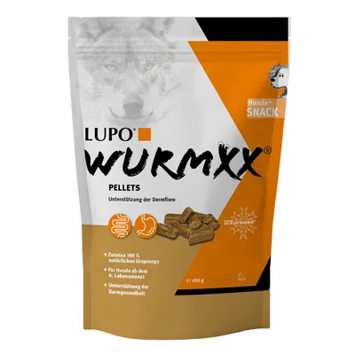 Sachet LUPO WURMXX Pellets, 650 g, texte en allemand : ingrédients 100 % naturels, pour chiens dès 6 mois, soutien de la santé intestinale. Visuel de pellets et pictogrammes digestifs.