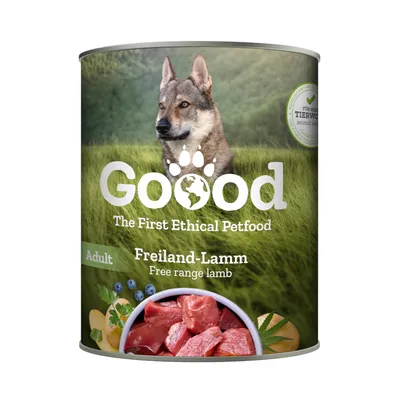 Goood The First Ethical Petfood, Freiland-Lamm für Erwachsene. Zutaten: Lammfleisch, Kartoffeln, Blaubeeren. Zertifikat: Für mehr Tierwohl animal welfare initiative.