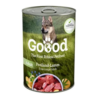 Goood Adult Freiland-Lamm, The First Ethical Petfood. Für mehr Tierwohl. Zutaten: Lammfleisch, Blaubeeren, Kartoffeln, Kräuter.