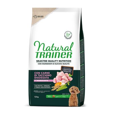 Natural Trainer Hundefutter, 1,5kg, mit entbeintem Truthahnfleisch als Hauptzutat. Ohne Zuckerzusatz, künstliche Farbstoffe oder Konservierungsstoffe. Für kleine Hunde bis 10 Monate.
