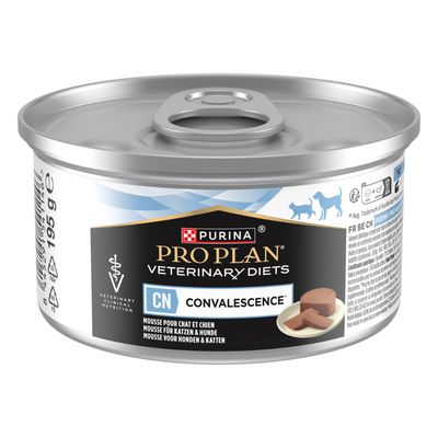 Purina Pro Plan Veterinary Diets CN Convalescence, mousse for dogs and cats. Tin with product image and feeding recommendation for 5kg, 20kg and 40kg body weight.