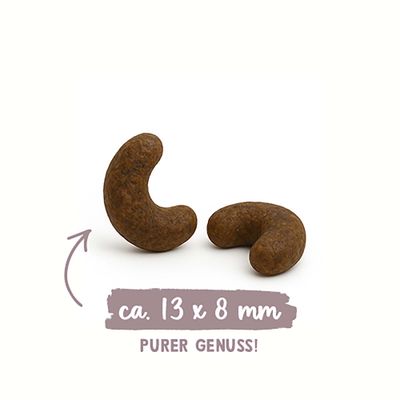 Zwei gebogene Snacks, Größe ca. 13 x 8 mm, Text: PURER GENUSS!