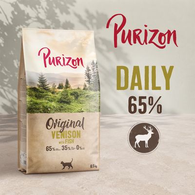 Purizon Original Venison with Fish, DAILY 65%, 65% Fleisch, 35% Gemüse, 0% Getreide, 6,5 kg Beutel, Hirschsymbol abgebildet.