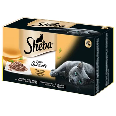 Sheba Sauce Spéciale, coffret 8 x 85 g, à la dinde en sauce délicate et à la dinde aux légumes. Image d’un chat gris sur l’emballage.