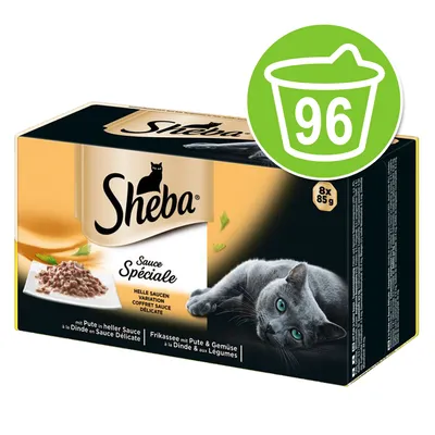 Embalagem Sheba Sauce Spéciale, 8 x 85 g, com imagem de gato e prato de comida. Selo verde com balde e número 96 no canto superior direito. Embalagem Sheba Sauce Spéciale, 8 x 85 g, com imagem de gato e prato de comida. Selo verde com balde e número 96 no canto superior direito.