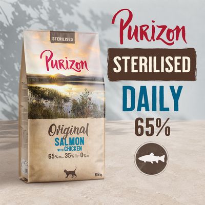 Purizon Sterilised Daily Original Salmon with Chicken, 65% Fisch, 35% weitere Zutaten, 0% Getreide, 6,5 kg Beutel. Für sterilisierte Katzen.