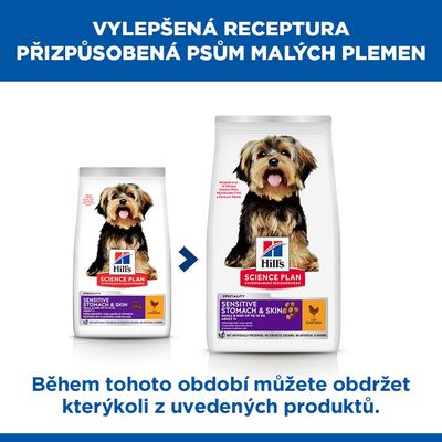 Hill's Science Plan Sensitive Stomach & Skin Small & Mini do 10 kg Adult 1+ s kuřetem. Podporuje zdraví trávení s prebiotickou vlákninou, podporuje krásnou srst.