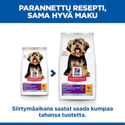 Hill's Science Plan Sensitive Stomach & Skin Adult Mini kanaa, uusi ja vanha pakkausdesign vierekkäin kuvattuna.