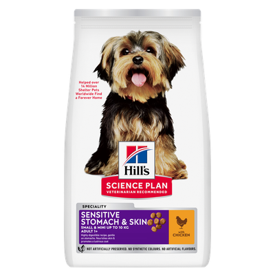 Hill's Science Plan Sensitive Stomach & Skin Small & Mini jusqu'à 10, kg Adulte 1+ au poulet. Recette hautement digestible, soutient la peau et le pelage. Sans additifs artificiels.