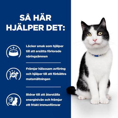 Produktfördelar: ersätter förlorade näringsämnen, främjar en hälsosam matsmältning och avföring, stöder energinivå och immunsystem. Katt avbildad bredvid fördelarna.