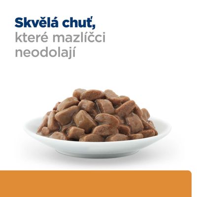 Miska s hnědými kousky masa v omáčce. Text: Skvělá chuť, které mazlíčci neodolají.