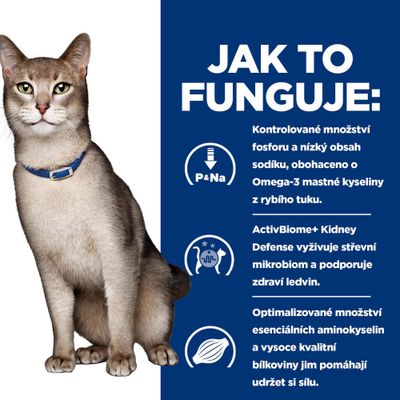 Infografika s kočkou a textem o kontrolovaném obsahu fosforu a sodíku, omega-3 mastných kyselinách, ActivBiome+ Kidney Defense a esenciálních aminokyselinách pro zdraví.