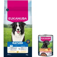 Croquettes Eukanuba Premium Nutrition 15 kg pour chien + boîtes 3 x 400 g offertes ! - Mature Medium Breed au poulet + Senior riche en dinde et carottes