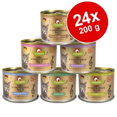 GranataPet Symphonie No.1–6 våtfoder för katter, 24x200 g burkar med olika smaker: nöt & fågel, anka & kalkon, vilt & kyckling, lax & kalkon, ren kyckling, kalv & fågel.