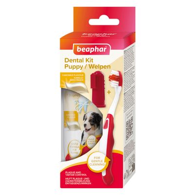 beaphar Zahnpflege Set für Welpen Set: Zahnbürste + Fingerbürste + Welpen-Zahnpasta