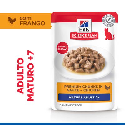 Hill's Science Plan Premium Pedaços em Molho – Frango, Adulto Maduro 7+, Pedaços em Molho, com Frango, para gatos adultos a partir dos 7 anos.