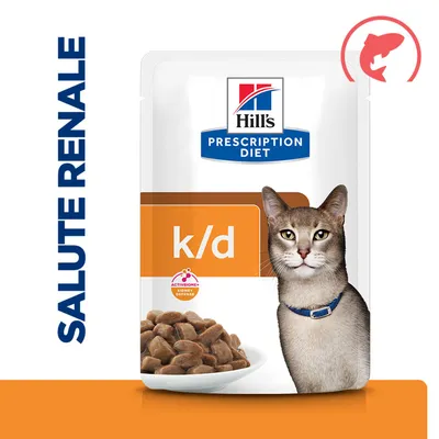 hill's prescription diet k/d alimento per gatti con pesce, ActivBiome+ Kidney Defense, scritta SALUTE RENALE sul lato sinistro.