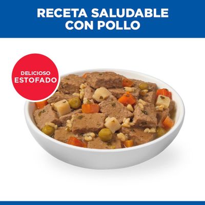 Tarrina con guiso, Texto: Receta con pollo, delicioso guiso.