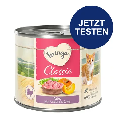 Feringa Classic Nassfutter für Katzen, Sorte Truthahn mit Kürbis und Katzenminze. Getreidefreie Rezeptur, 69% ausgewählte tierische Zutaten. Jetzt testen.