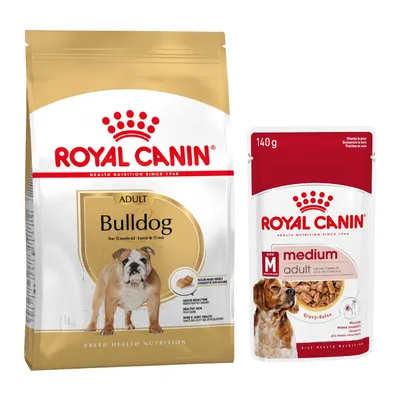 Royal Canin Breed 1,5 à 12 kg pour chien + aliment humide : 15 % de remise ! - Bouledogue Adult (12 kg) + sachets Medium Adult en sauce (10 x 140 g)